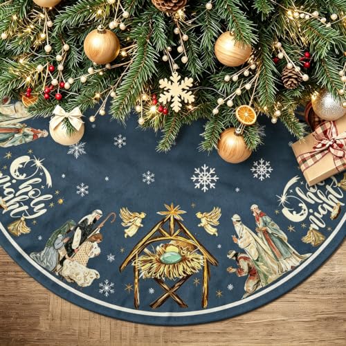 Nativity Christmas Tree Skirt 48 Inch - Traditional Christian Holiday Decor