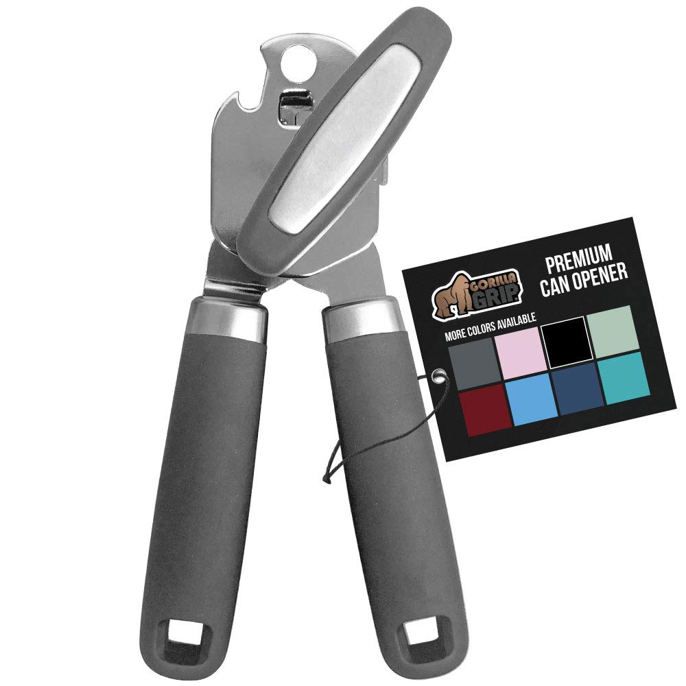 The Original Gorilla Grip Heavy Duty Stainless Steel Smooth Edge Manual Hand Held Can Opener With Soft Touch Handle, Rust Proof Oversized Handheld Easy Turn Knob, Large Lid Openers, Gray