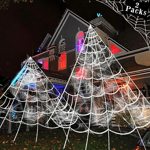 Pawliss 2 Pcs Halloween Spider Web, 16 Ft Giant Spider Web Super Stretch Cobweb Set, Huge Spider Web for Indoor Outdoor Yard Home Costumes Parties Haunted House Décor