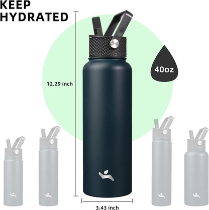 Skiennix 40oz Insulated Stainless Steel Water Bottle - Durable Sport Bottle with 3 Lids | Navy Blue