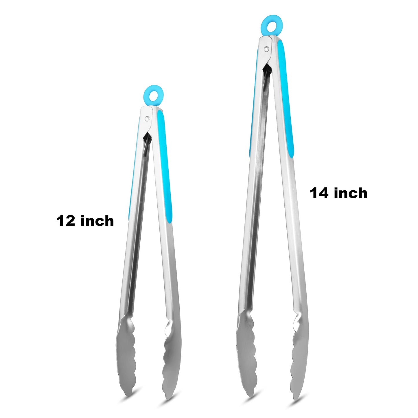 304 Stainless Steel Kitchen Cooking Tongs, 12" and 14" Set of 2 Sturdy Grilling Barbeque Brushed Locking Food Tongs with Ergonomic Grip, Blue