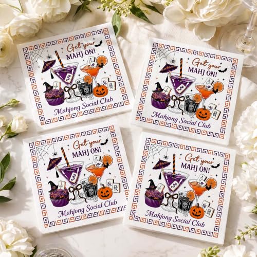 Halloween Mahjong Cocktail Napkins - Spooky Bat & Pumpkin Party Decor