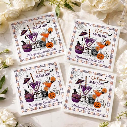 Halloween Mahjong Cocktail Napkins - Spooky Bat & Pumpkin Party Decor