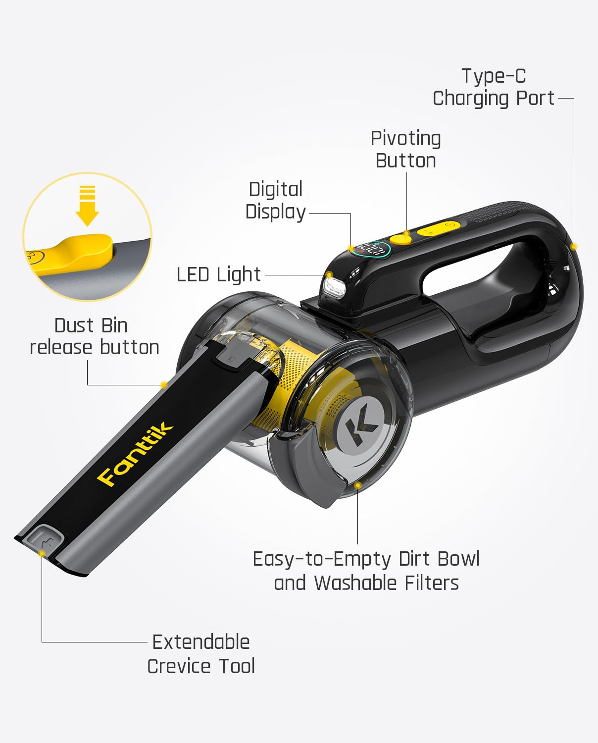 Fanttik Fold V10 Mate Pivot Car Vacuum, 14000Pa/40AW Cordless Car Vacuum Rechargeable, 2.5H Fast Charge, 16.9 oz, LED Display& LED Light, DynamicClean Portable Mini Hand Vacuum for Car Home