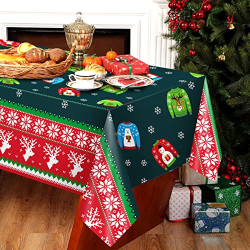 2 Pcs Christmas Ugly Sweater Tablecloths - Plastic Disposable Holiday Decor