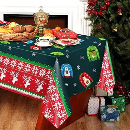 2 Pcs Christmas Ugly Sweater Tablecloths - Plastic Disposable Holiday Decor