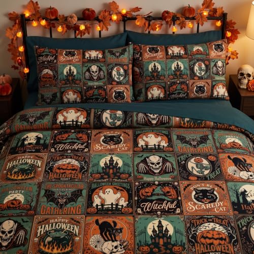 Halloween Bedding Duvet Cover Set Queen Size Bat Ghost Pumpkin - 3pcs - Tudomro
