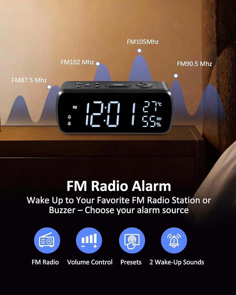 Digital Alarm Clock with FM Radio for Bedroom – 7" LCD, Dual Alarms