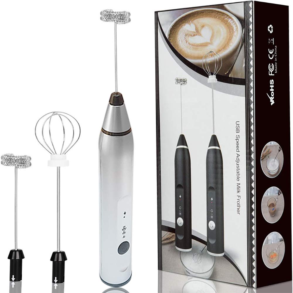 Electric Milk Frother with Double Whisks, USB Rechargeable Electric Foam Maker, 2 in 1 Hand-held Battery Operated Milk Foamer for Coffee, Latte, Cappuccino, Egg Whipping(Silver)