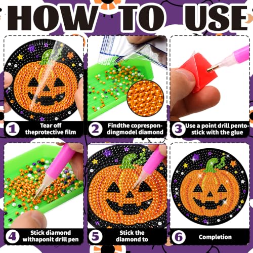 Halloween Diamond Art Coaster Set with Holder - Cat Spider Pumpkin Bat Ghost DIY Crafts Kit - Variation Halloween-7
