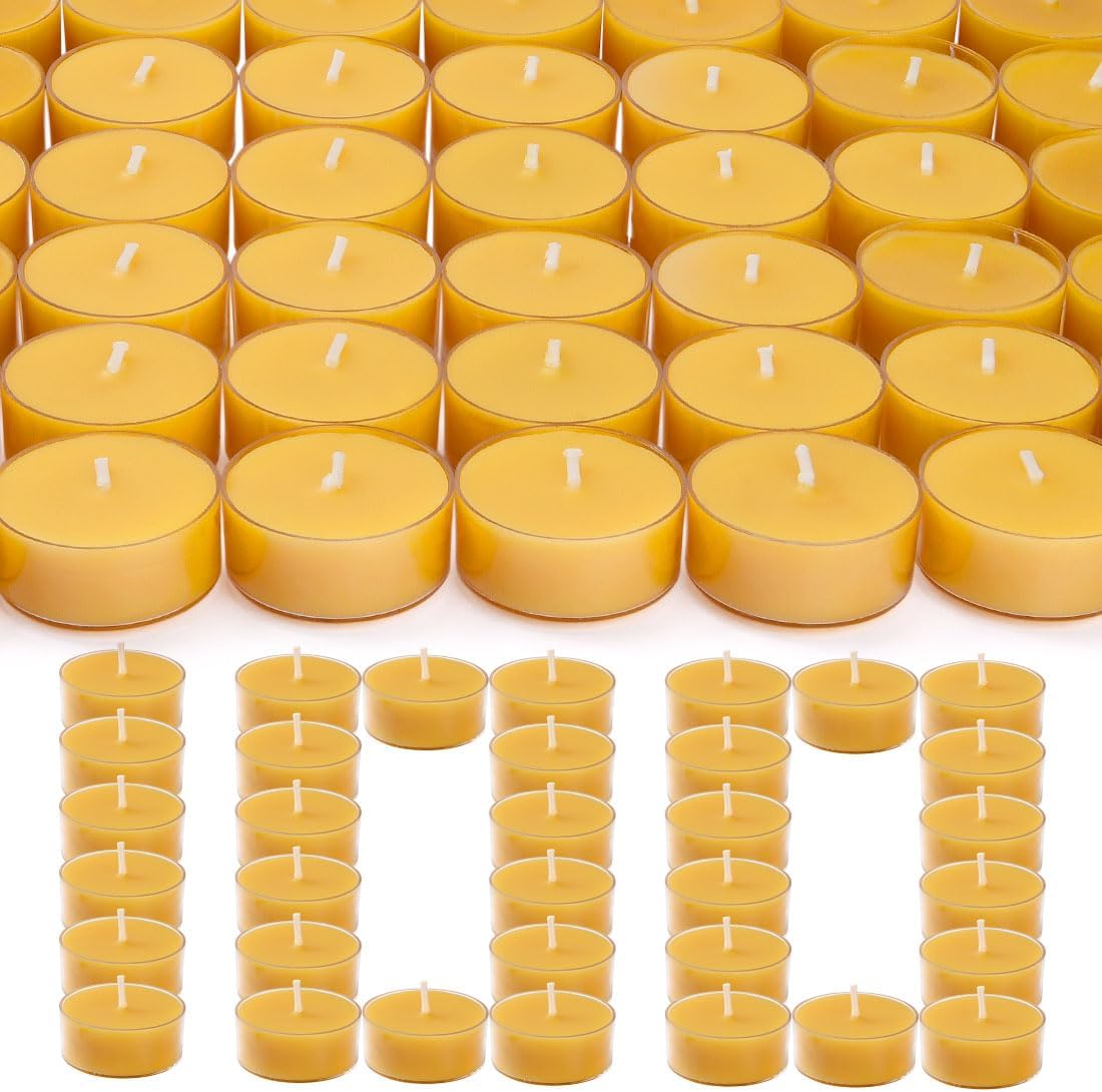 Pure Beeswax Tealight Candles - 100 Pack of Natural, Unscented, Clean Burning Yellow Candles