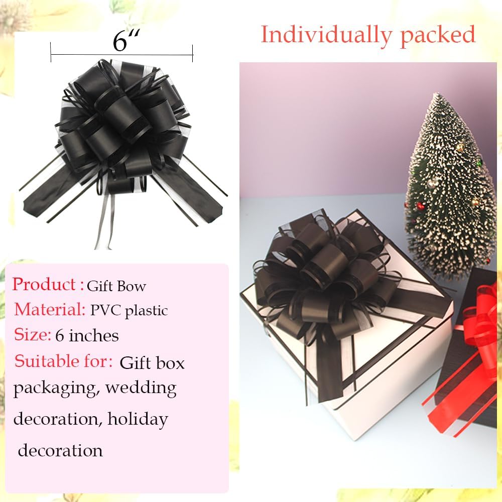 Skiennix 6 PCS Large Pull Bows - Elegant Black Gift Wrapping Bows for Weddings & Parties | 6 Inches
