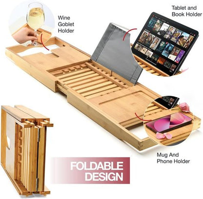Luxury Foldable Bathtub Tray Caddy - Waterproof Wooden Organizer for Wine, Books & Phones | Fits Most Tubs