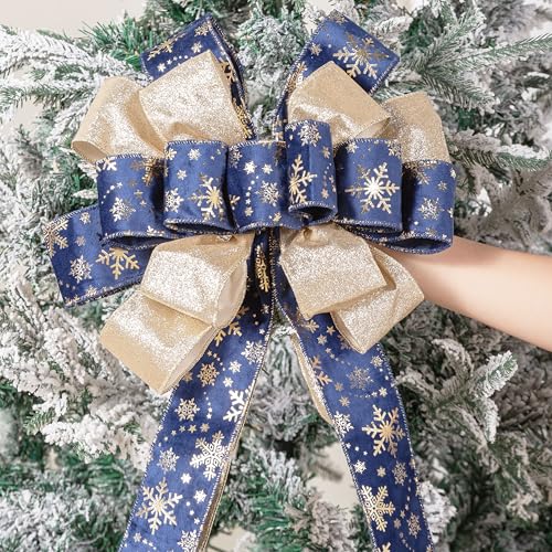 Christmas Tree Topper Bow with Glitter Satin Mesh and Patterned Ribbon - Blue Golden, 40x13 Inches