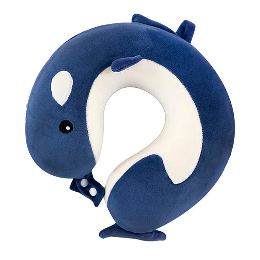 Travel Pillow Memory Foam Head Support Pillows Animal U Shaped Neck Pillow Attachable Snap for Sleeping Car Travel Home Office (Dark Blue-Dolphin)