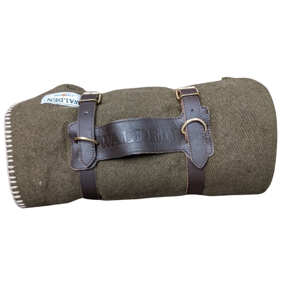 Walden Backyards Fireside Wool Blanket with Leather Carrying Strap (Olive Green with Brown Leather Carrier)