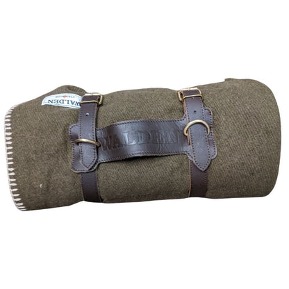 Walden Backyards Fireside Wool Blanket with Leather Carrying Strap (Olive Green with Brown Leather Carrier)