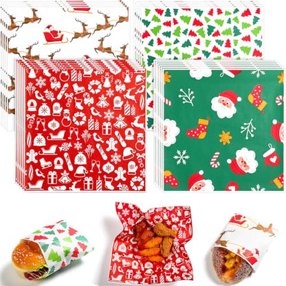 Christmas Wax Paper Sheets - 400 Pack, 12 Inch Food Wrapping with 4 Festive Patterns