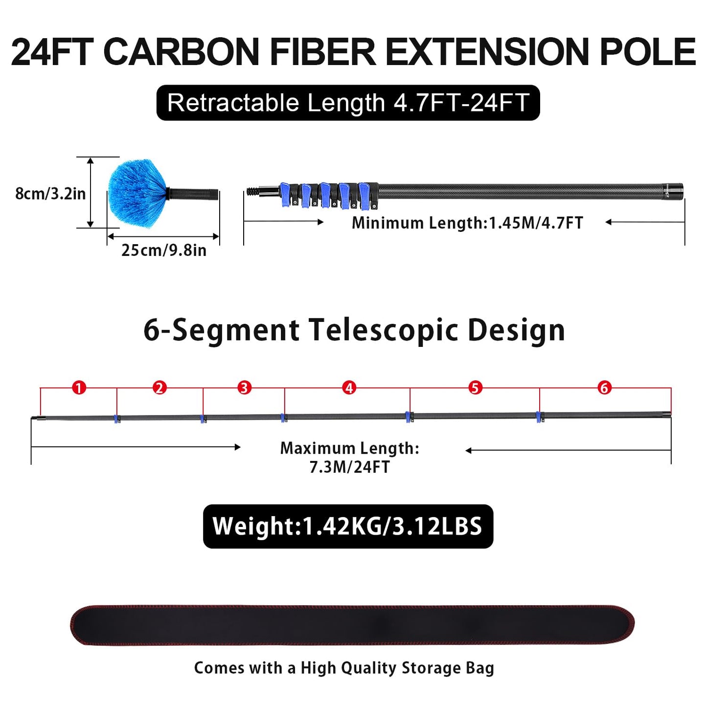 4.7-24 FT Cobweb Duster with Carbon Fiber Extension Pole, 24 Foot High Reach Ceiling Cleaner Tool, Spider Web Brush with Pole 24 Ft