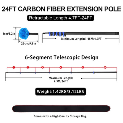 4.7-24 FT Cobweb Duster with Carbon Fiber Extension Pole, 24 Foot High Reach Ceiling Cleaner Tool, Spider Web Brush with Pole 24 Ft