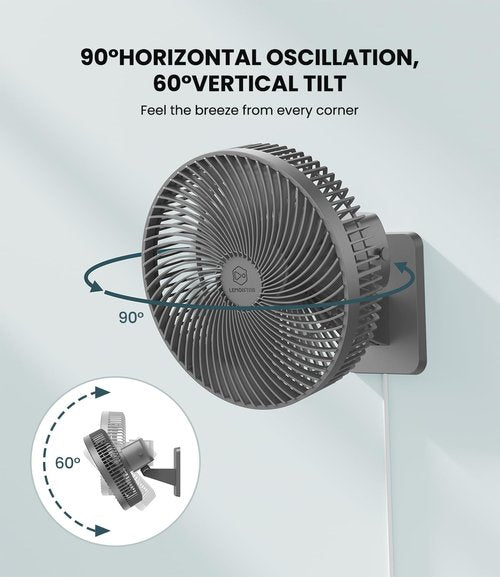 LEMOISTAR 10-Inch Wall Mounted Fan - Remote Control, 90° Oscillation, 4 Speeds, Quiet Operation | Grey