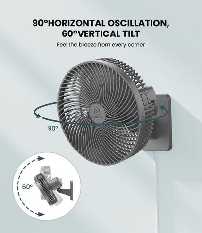 LEMOISTAR 10-Inch Wall Mounted Fan - Remote Control, 90° Oscillation, 4 Speeds, Quiet Operation | Grey