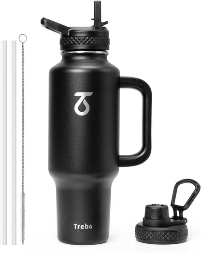 Trebo 40 oz Insulated Water Bottle - Stainless Steel Travel Flask with Handle & Spout Lid | Black