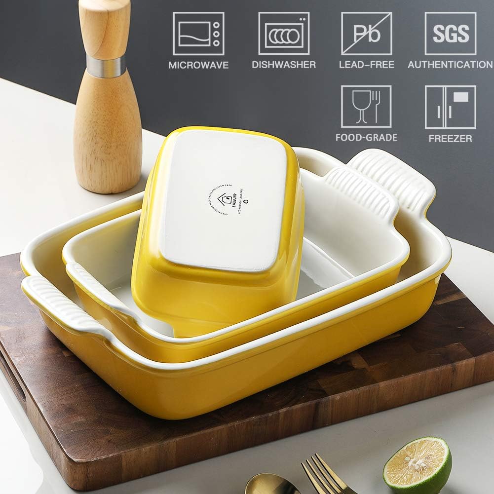 Sweejar Baking Pans Set - Durable Ceramic 9x13 Baking Dish with Handle | 3-Piece Casserole Bakeware Set in Yellow