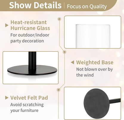 NUPTIO Black Candlestick Holders - Set of 3 Hurricane Taper Holders with Windproof Glass Cover for Elegant Table Decor