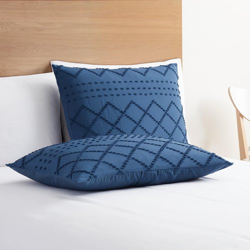 Boho Bedding Queen Duvet Cover Set - Navy Textured 3-Piece Tufted Design, 90x90 Inches with Zipper Closure