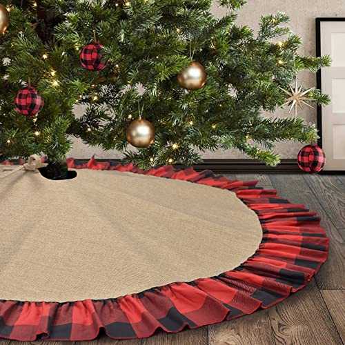 48 Inch Buffalo Plaid Burlap Tree Skirt with Ruffle - Rustic Farmhouse Christmas Decor