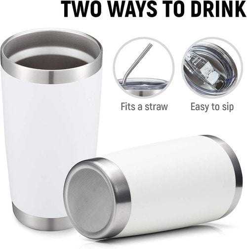 COMOOO 20oz White Double Wall Vacuum Insulated Tumblers - 8 Pack Stainless Steel Travel Mugs with Lids & Straws