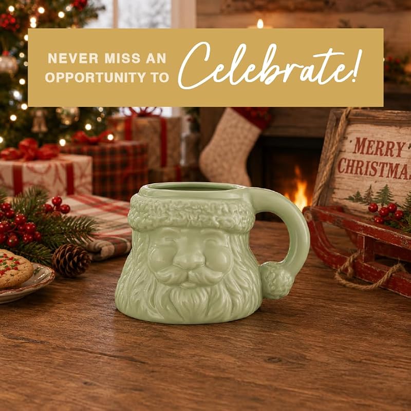 Christmas Santa Mug Ceramic Green 15oz Coffee Cup - Holiday Gift