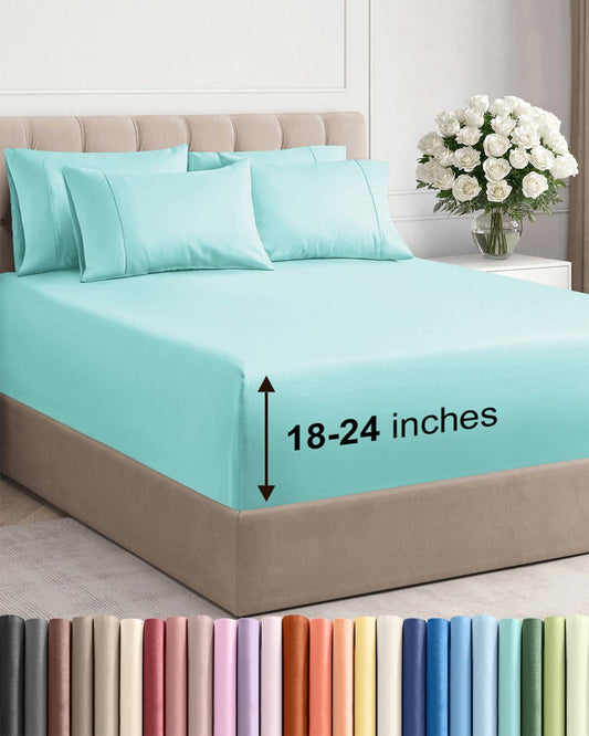 Skiennix Extra Deep King Sheet Set - 6 Piece Breathable Cooling Bedding - Soft Wrinkle-Free Spa Blue