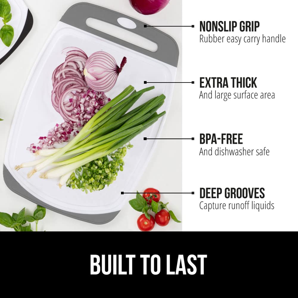 The Original Gorilla Grip Oversized 100% BPA Free Reversible Durable Kitchen Cutting Board Set of 3, Juice Grooves, Dishwasher Safe, Easy Grip Handle Border, Food Chopping Boards, Cooking, Gray