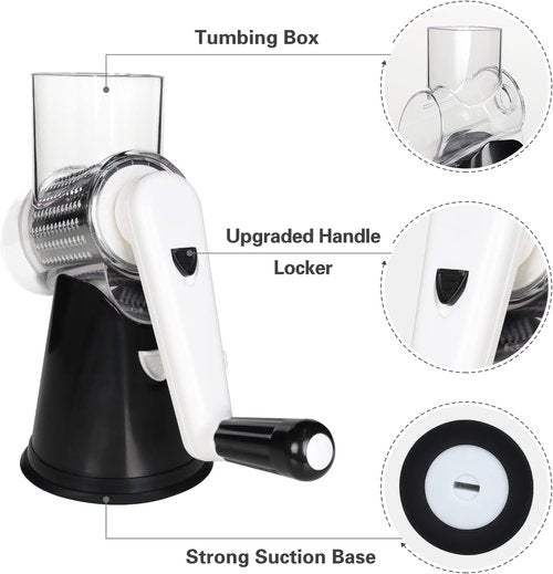 Cambom Rotary Cheese Grater - Hand Crank Shredder for Fresh Cheese & Vegetables | Non-Slip Base, Black
