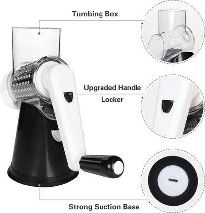 Cambom Rotary Cheese Grater - Hand Crank Shredder for Fresh Cheese & Vegetables | Non-Slip Base, Black