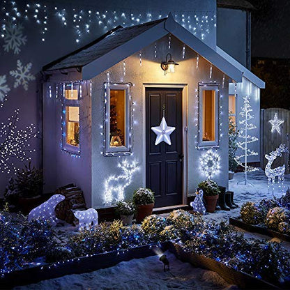 White Christmas Icicle String Lights 32Ft with 8 Modes & Timer - Waterproof Outdoor Decor