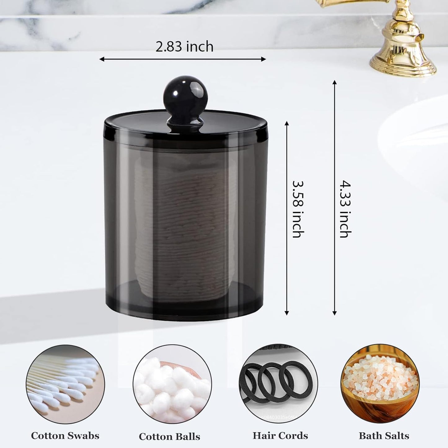 SheeChung Qtip Holder Set - 3-Pack Black Plastic Dispenser with Lids | Minimalist Bathroom Organizer