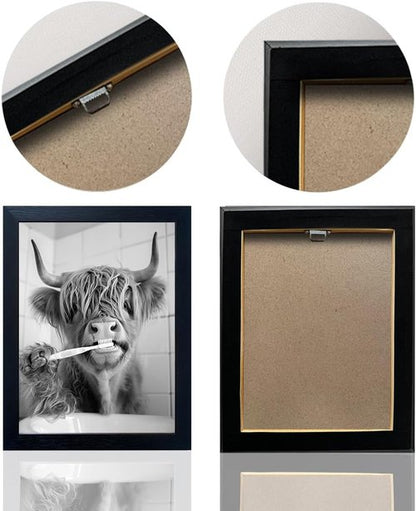 Highland Cow Wall Art | Framed Bathroom Decor - Cute Black and White 3-Piece Canvas Set