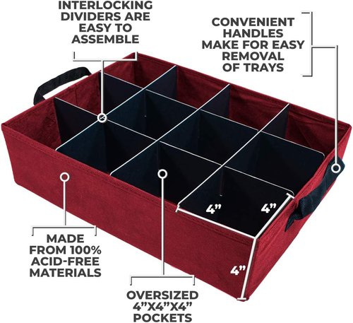 612 Vermont Christmas Ornament Storage Box - Adjustable Acid-Free Dividers & 3 Removable Trays | 17"x13"x13" Holds 36 Ornaments