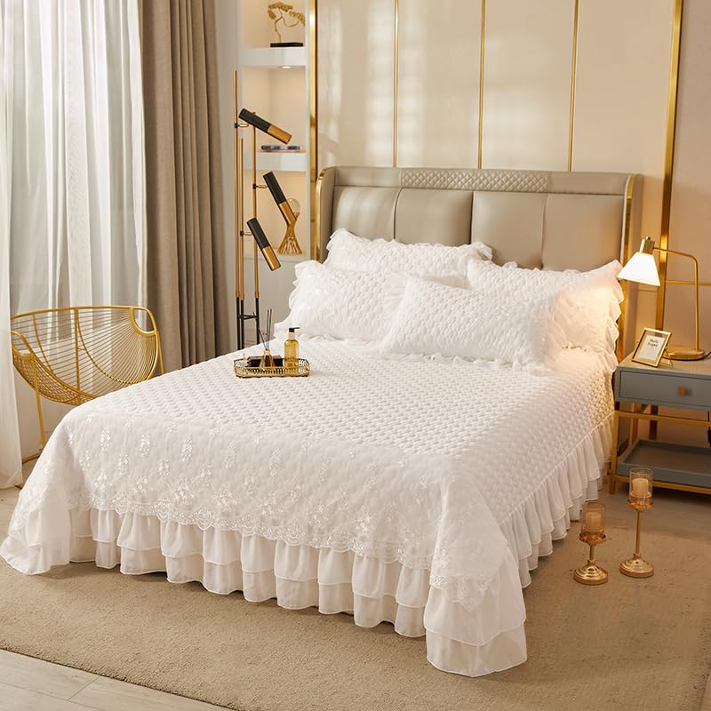 Queen White Plaid Quilted Bedspread with Ruffle Lace Decor