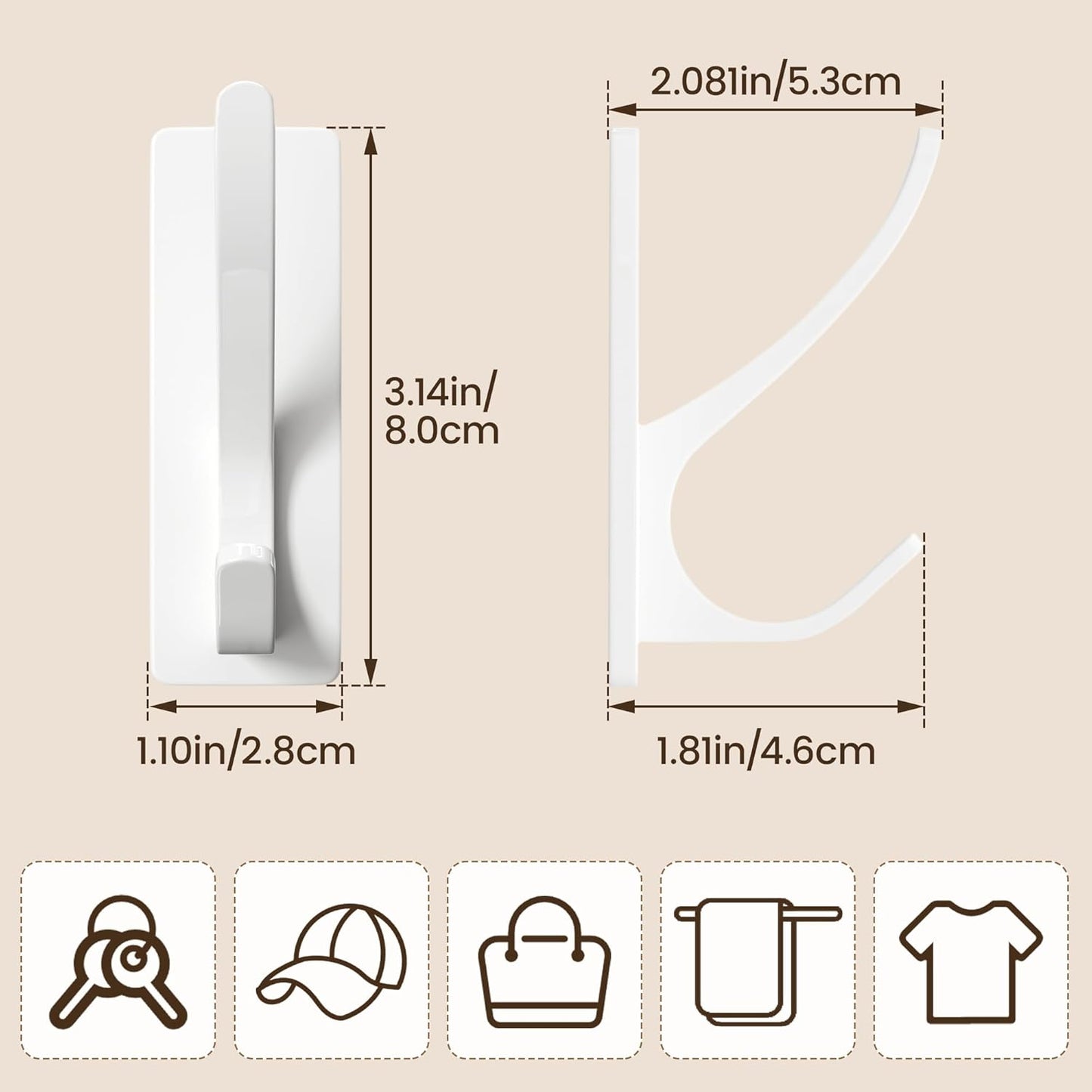 Pickpiff White Self-Adhesive Coat Hooks - 13LB Extra Strong Stainless Steel Wall Hooks | 10 Pack for Bathroom, Kitchen, and More