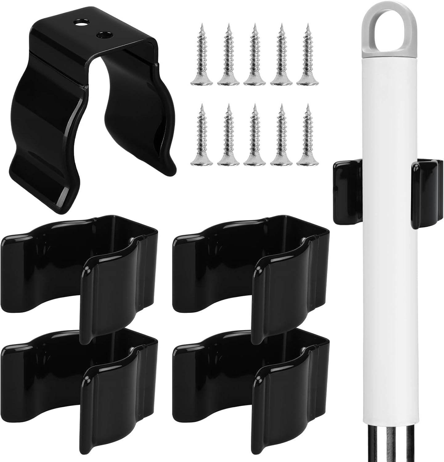 Skiennix 5-Pack Spring Clip Broom Holders - Durable U-Shape Steel Clips for 1.5-1.875 Inch Diameter | Black