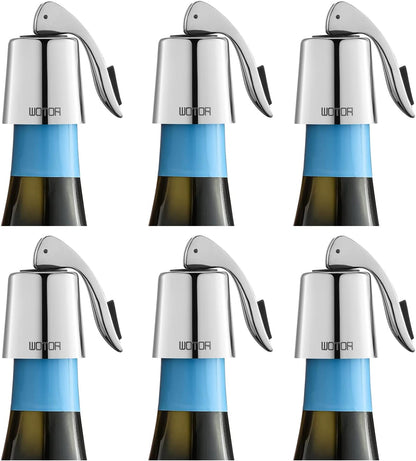 WOTOR Wine Stoppers Stainless Steel Wine Bottle stopper Plug with Silicone Reusable Wine Saver Leak proof Keep Fresh Silver 6 pack