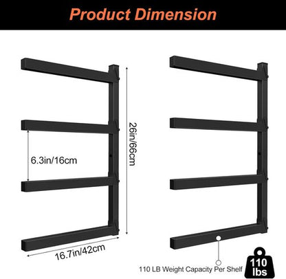 Mapleway 4-Pack Lumber Storage Rack - 4-Level Metal Wall Mount Wood Organizer for Garage & Workshop