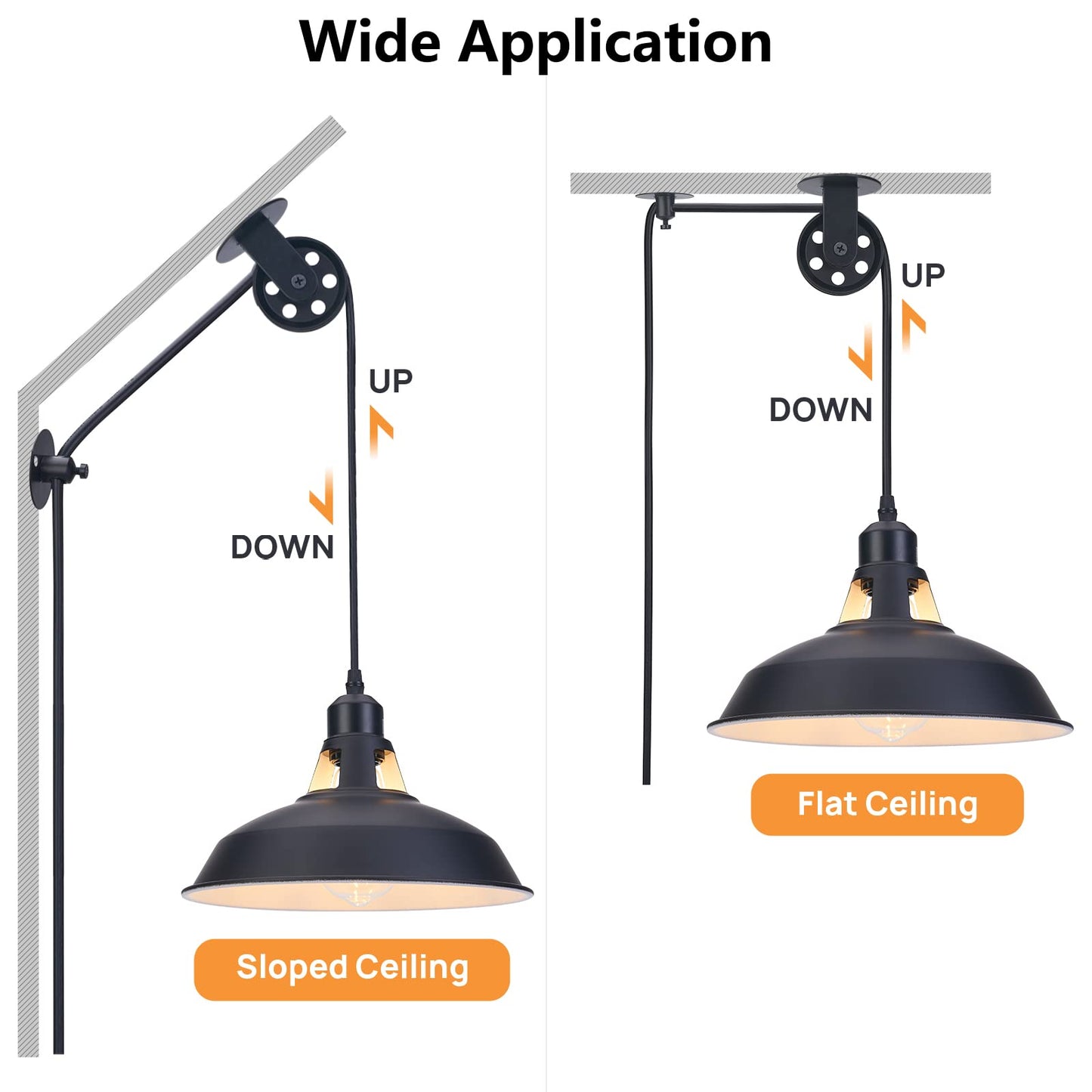Lomoky Plug in Pulley Pendant Light with 14.76ft Cord On/Off Switch, Industrial Barn Black Hanging Lights with Plug in Cord, Pulley Wall Pendant Lamp for Kitchen Island, Pool Table, Bedroom, 1 Pack