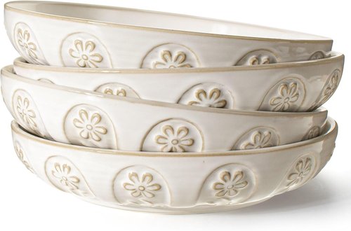 Artena Large Pasta Bowls Set of 4 - 50oz White Ceramic Salad & Soup Bowls | Microwave & Dishwasher Safe