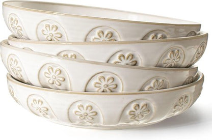 Artena Large Pasta Bowls Set of 4 - 50oz White Ceramic Salad & Soup Bowls | Microwave & Dishwasher Safe
