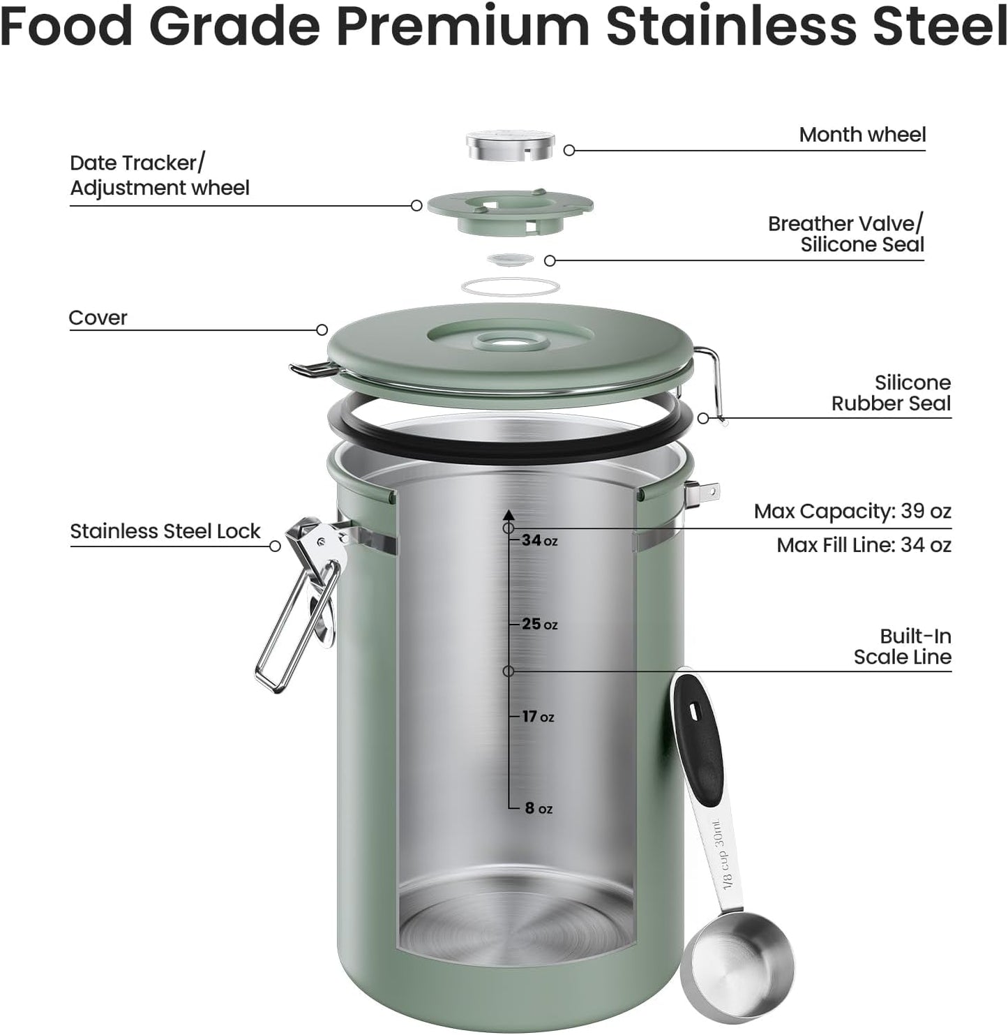 Veken Coffee Canister - 39oz Airtight Stainless Steel Storage for 2.2lbs Coffee, Sugar, Tea | Green with Date Tracker & Scoop